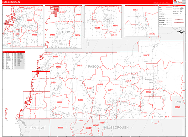 Pasco County Wall Map Red Line Style