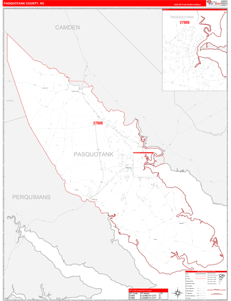 Pasquotank County, NC Wall Map Red Line Style