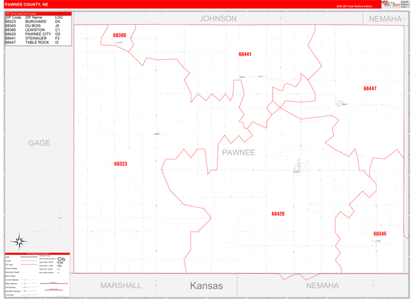 Pawnee County, NE Wall Map Red Line Style