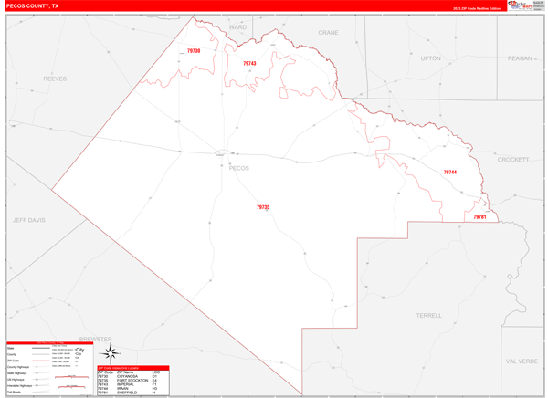 Pecos County, TX Wall Map Red Line Style