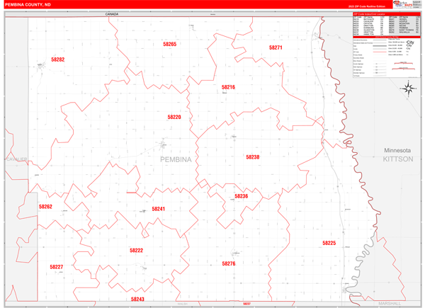 Pembina County, ND Zip Code Wall Map