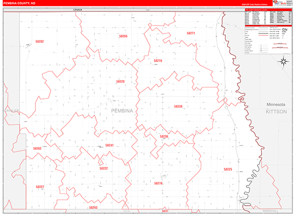 Pembina County, ND Wall Map Red Line Style