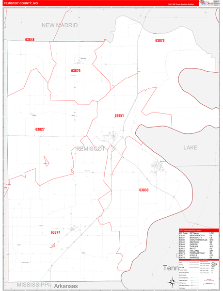 Pemiscot County Wall Map Red Line Style