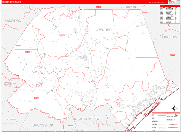Pender County Wall Map Red Line Style