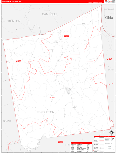 Pendleton County Wall Map Red Line Style