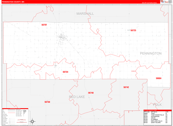 Pennington County, MN Wall Map Red Line Style