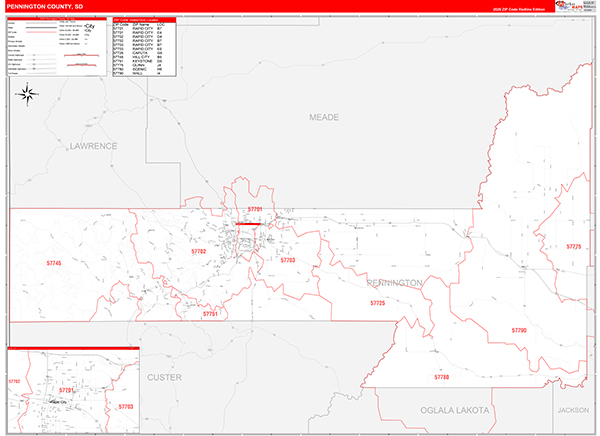 Pennington County Wall Map Red Line Style