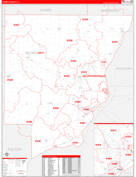 Peoria County Il Zip Code Wall Map Red Line Style By Marketmaps