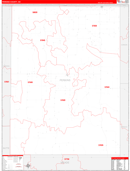 Perkins County, SD Wall Map Red Line Style