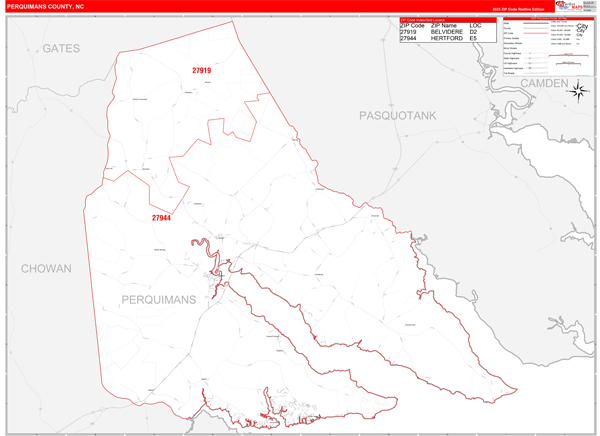 Perquimans County, NC Wall Map Red Line Style