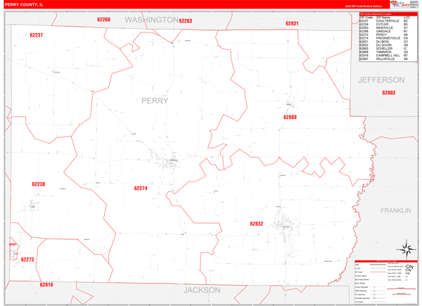 Perry County IL Zip Code Wall Map Red Line Style by MarketMAPS MapSales