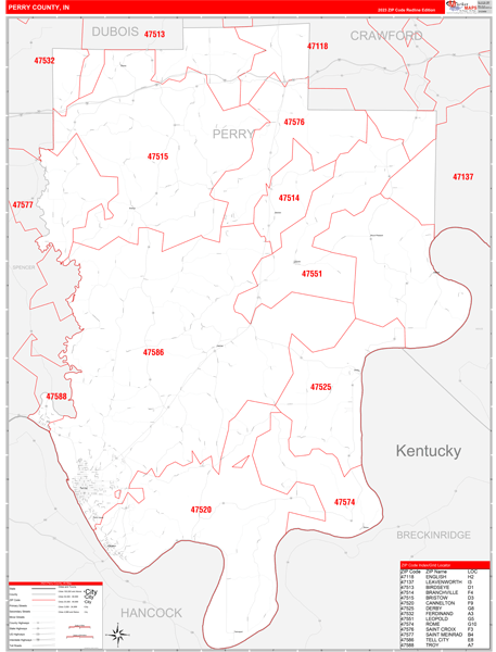 Perry County, IN Wall Map Red Line Style