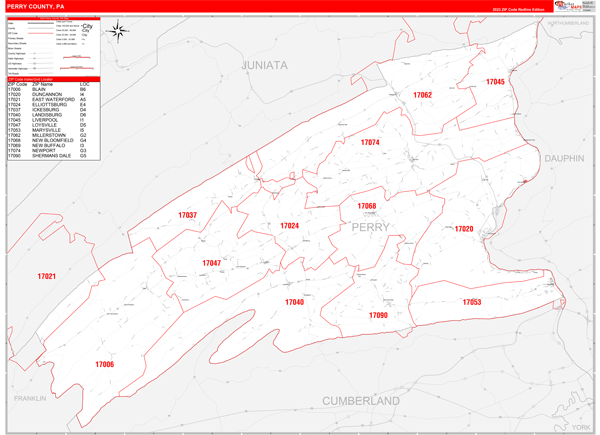 Perry County, PA Zip Code Wall Map Red Line Style by MarketMAPS - MapSales