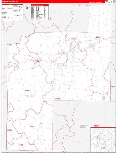 Phelps County, MO Map Red Line Style