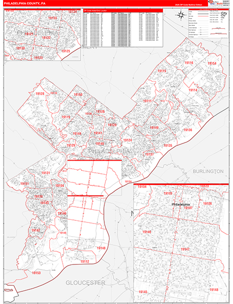 Philadelphia County, PA Wall Map Red Line Style