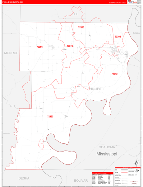 Phillips County, AR Wall Map Red Line Style