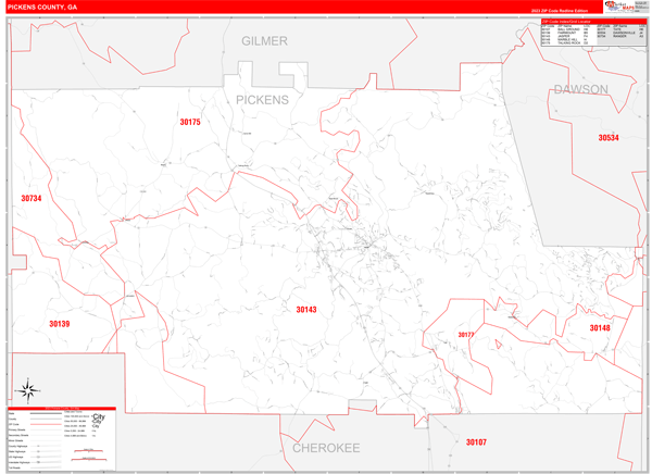 Pickens County, GA Wall Map Red Line Style