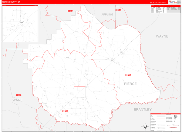 Pierce County, GA Wall Map Red Line Style