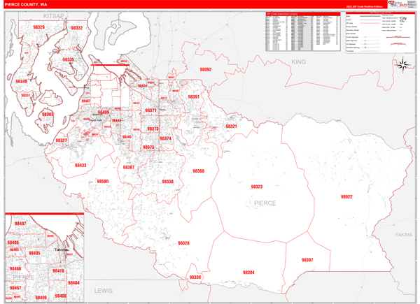 Pierce County Wa Zip Code Wall Map Red Line Style By Marketmaps