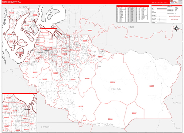 Pierce County Wall Map Red Line Style