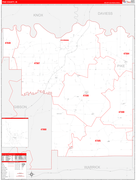 Pike County, IN Map Red Line Style