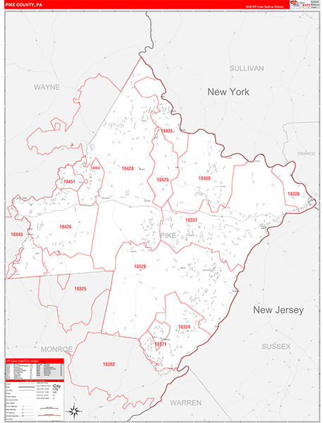 Pike County, PA Wall Map Red Line Style