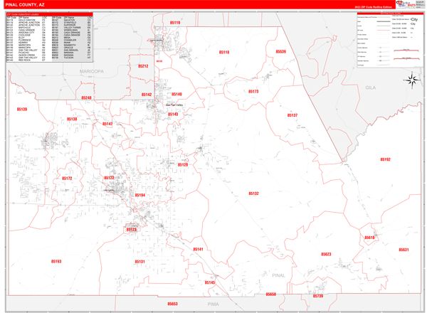 Pinal County, AZ Zip Code Wall Map Red Line Style by MarketMAPS - MapSales
