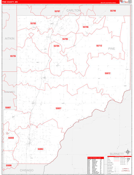Pine County Wall Map Red Line Style