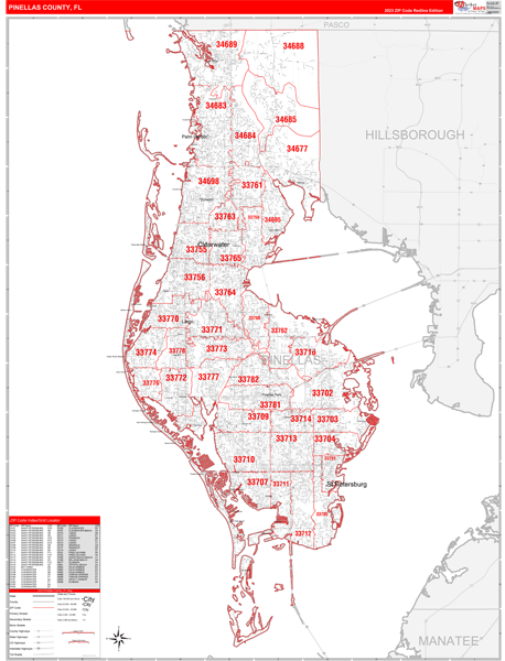 Pinellas County Fl Zip Code Wall Map Red Line Style By Marketmaps