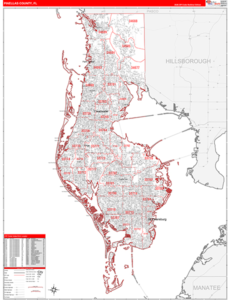 Pinellas County Wall Map Red Line Style