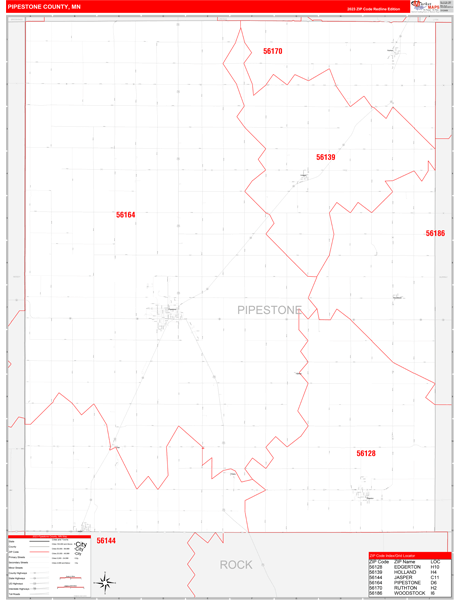 Pipestone County MN Zip Code Wall Map Red Line Style by MarketMAPS