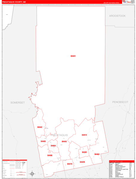 Piscataquis County Wall Map Red Line Style