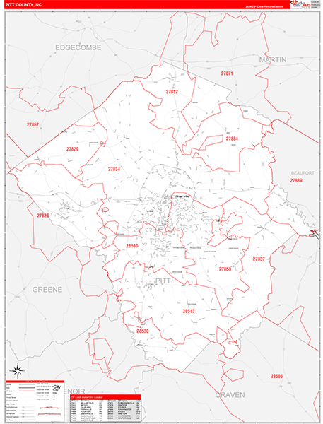 Pitt County, NC Zip Code Wall Map