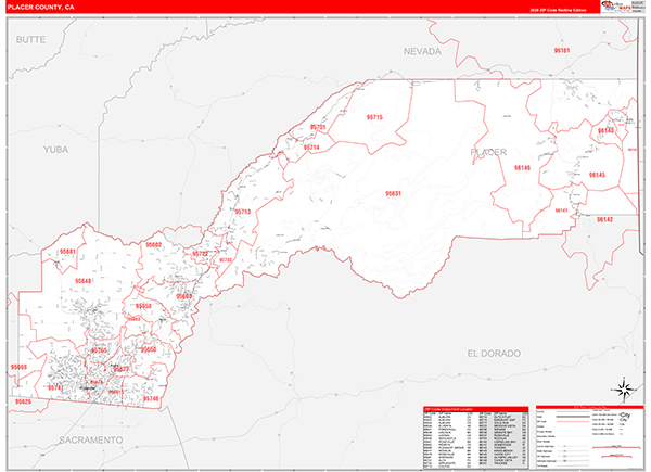 Placer County, CA Map Red Line Style