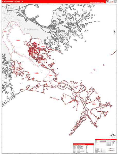 Plaquemines Parish (County), LA Wall Map Red Line Style