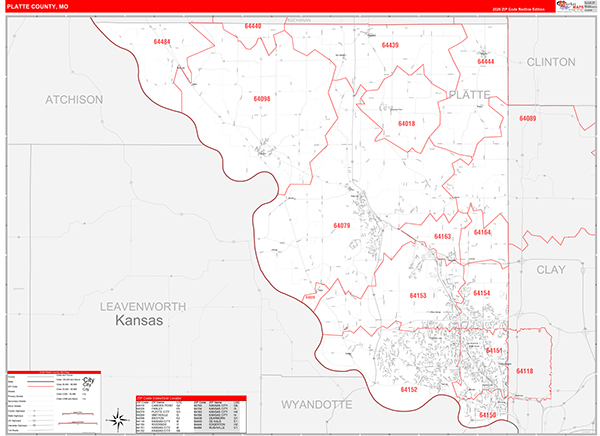 Platte County Wall Map Red Line Style