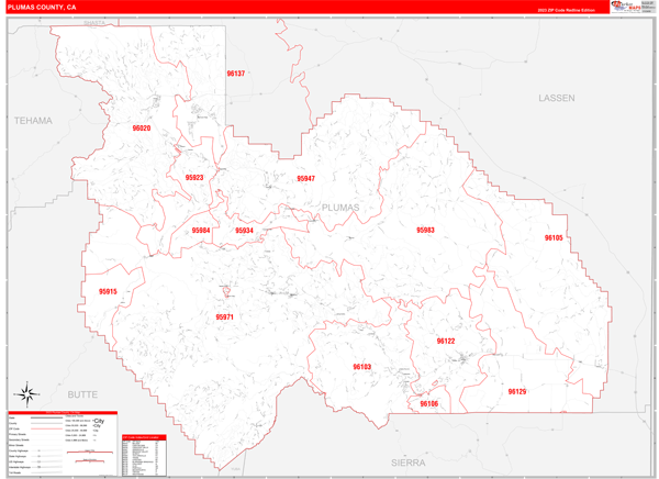 Plumas County Digital Map Red Line Style