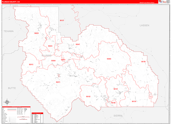 Plumas County, CA Map Red Line Style