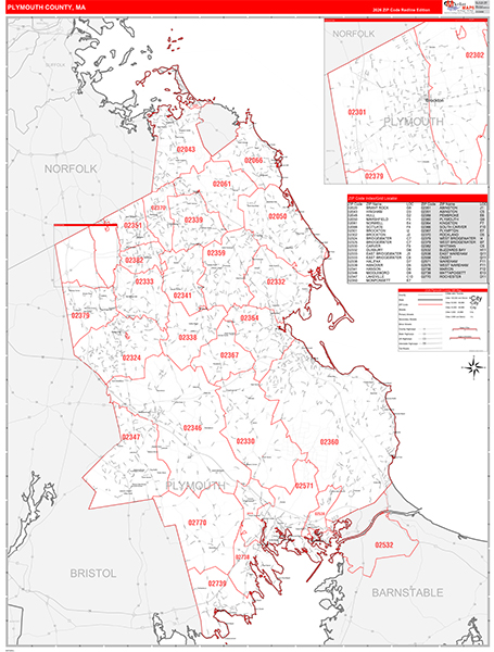 Plymouth County, MA Wall Map Red Line Style
