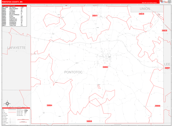 Pontotoc County Wall Map Red Line Style