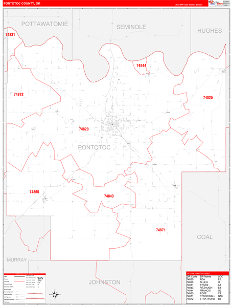 Pontotoc County, OK Wall Map Red Line Style