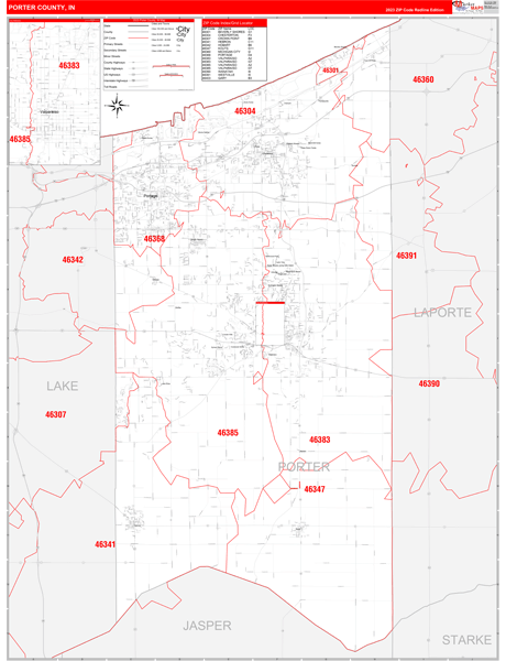 Porter County, IN Wall Map Red Line Style
