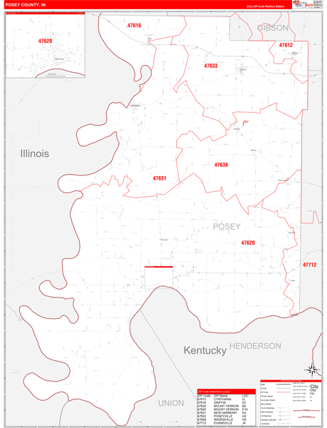 Posey County, IN Zip Code Wall Map Red Line Style by MarketMAPS