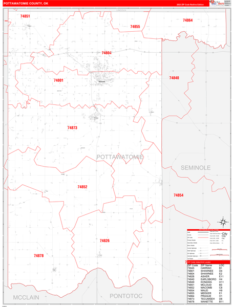 Pottawatomie County, OK Wall Map Red Line Style