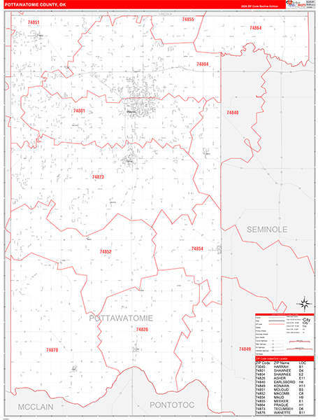 Pottawatomie County, OK Carrier Route Wall Map