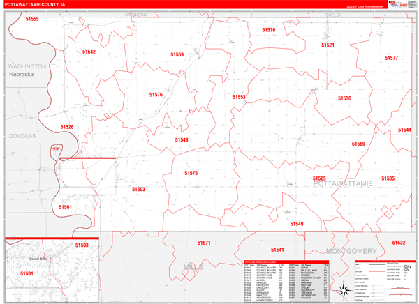 Pottawattamie County, IA Wall Map Red Line Style