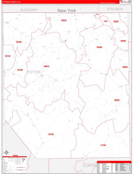 Potter County, PA Zip Code Wall Map