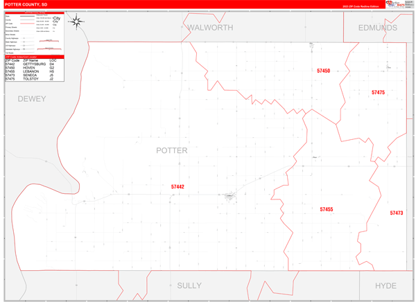 Potter County, SD Wall Map Red Line Style