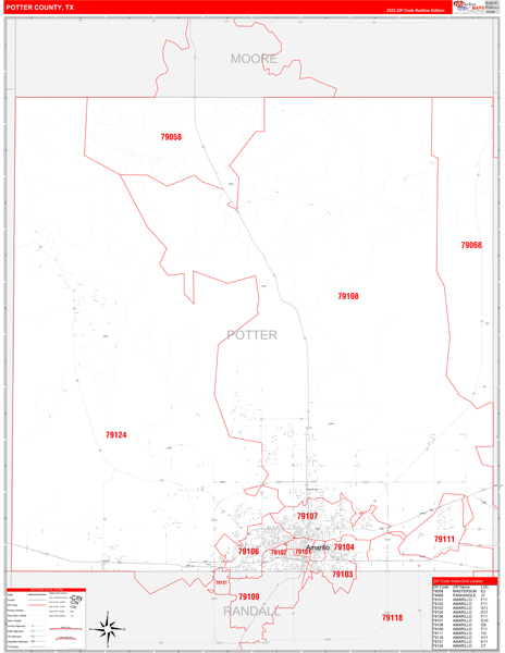 Potter County, TX Wall Map Red Line Style