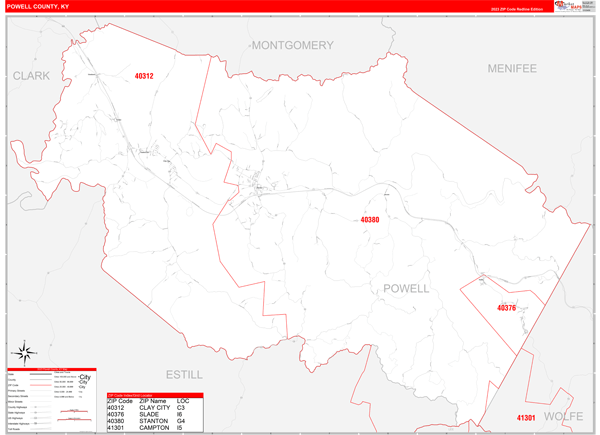 Powell County, KY Zip Code Wall Map
